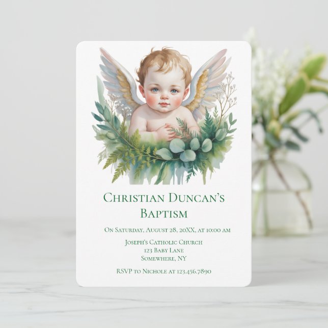 Convite Watercolor Baby Angel Feather Wings Baptism  (Em pé/Frente)