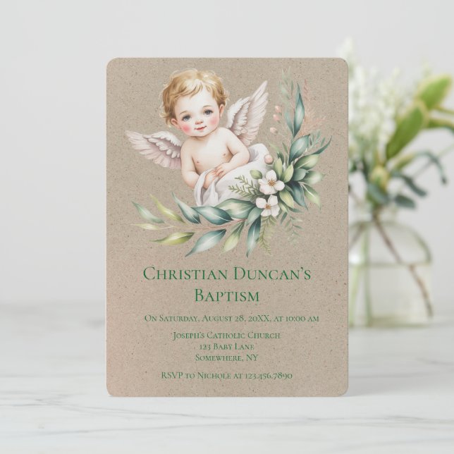 Convite Watercolor Baby Angel Feather Wings Baptism  (Em pé/Frente)