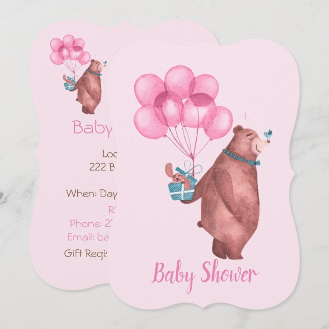 Convite Watercolor Baby Girl Bear Balloons Invitation (Frente/Verso)