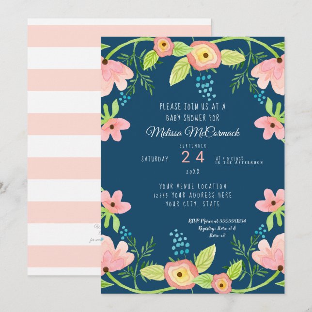 Convite Watercolor Baby Girl Chá Modern BOHO Floral Art (Frente/Verso)