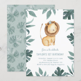 Convite Watercolor Baby Lion Prince Greenere Aniversário