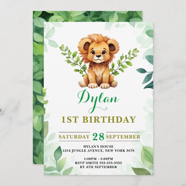 Convite Watercolor Baby Lion Prince Greenere Aniversário (Frente/Verso)