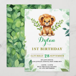 Convite Watercolor Baby Lion Prince Greenere Aniversário