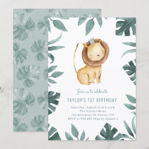 Convite Watercolor Baby Lion Prince Greenery Aniversário