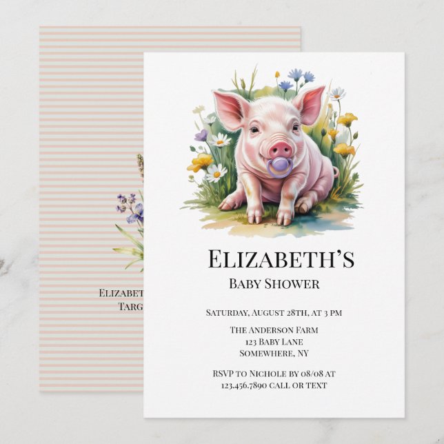 Convite Watercolor Baby Pig Wildflowers Baby Shower (Frente/Verso)