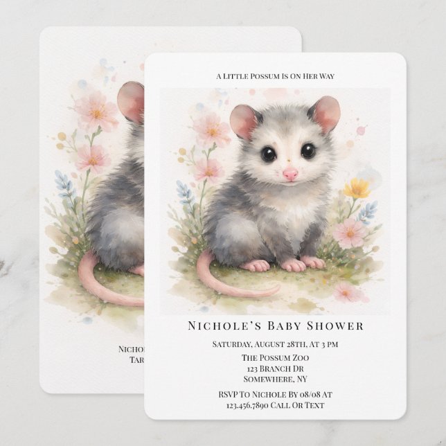 Convite Watercolor Baby Possum Baby Shower  (Frente/Verso)
