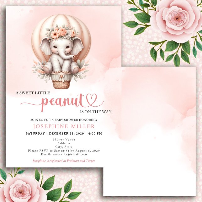 Convite Watercolor Baby Shower Peach Elephant Invitation (Criador carregado)