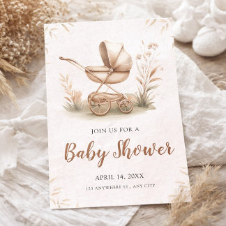 Convite Watercolor Baby Shower with Vintage Stroller