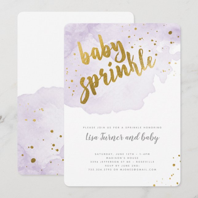 Convite Watercolor Baby Sprinkle - Lavanda (Frente/Verso)