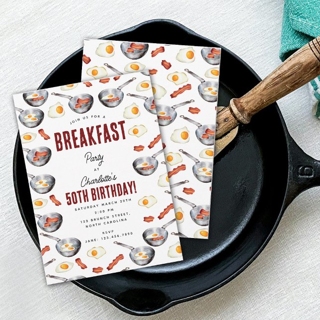 Convite Watercolor Bacon & Eggs Breakfast Brunthday (Watercolor Bacon & Eggs Breakfast Brunch Birthday Invitation)
