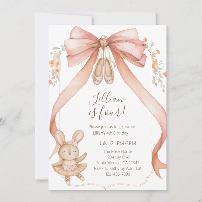 Convite Watercolor Ballet Girls Fourth Birthday (Frente)