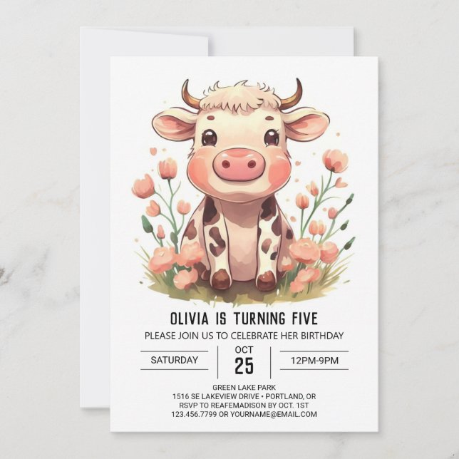 Convite Watercolor Barnyard Cow Birthday (Frente)