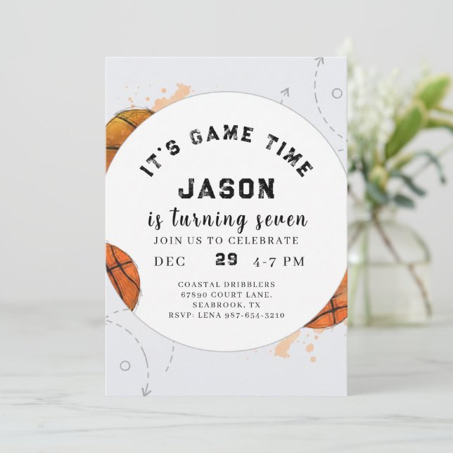 Convite Watercolor Basketball Birthday Invitation (Em pé/Frente)
