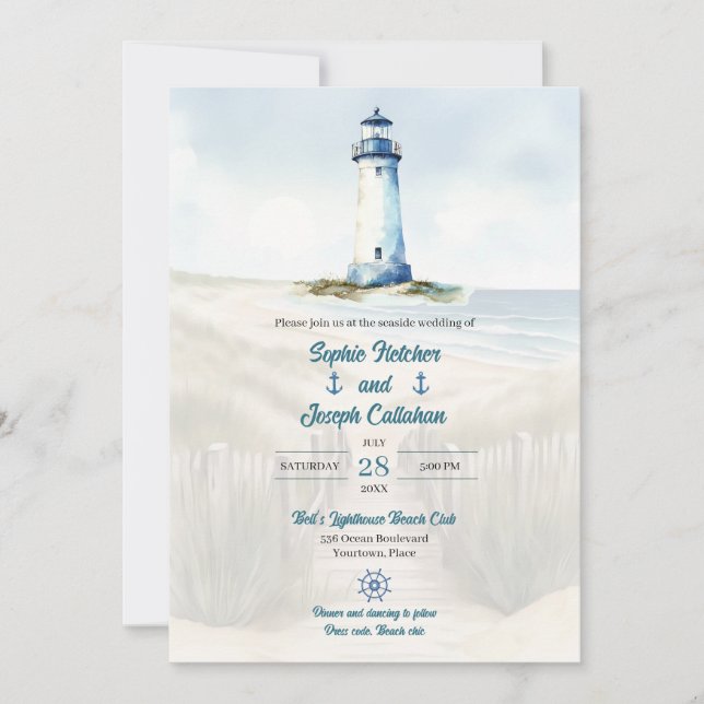 Convite Watercolor Beach, Coastal New England Wedding (Frente)