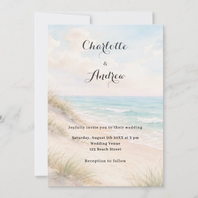 Convite Watercolor beach coatal modern wedding (Frente)