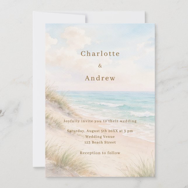 Convite Watercolor beach coatal modern wedding (Frente)