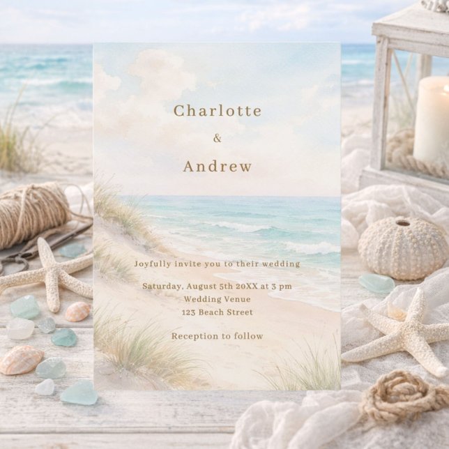 Convite Watercolor beach coatal modern wedding (Criador carregado)