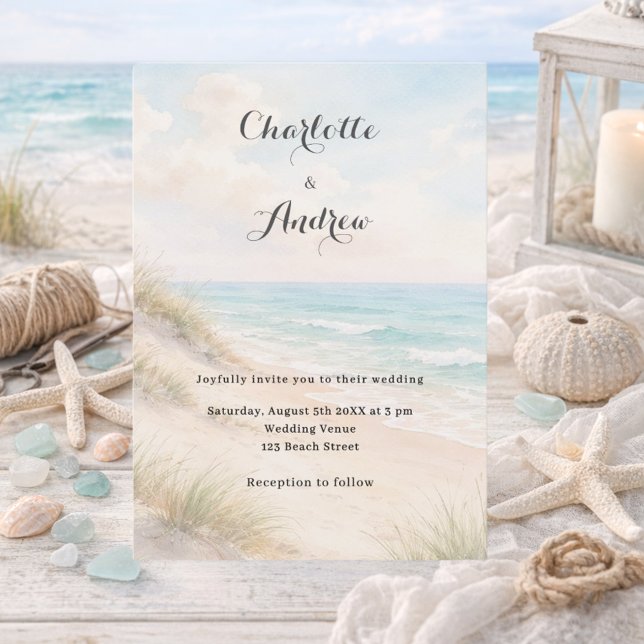 Convite Watercolor beach coatal modern wedding (Criador carregado)