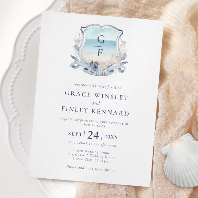 Convite Watercolor Beach Monograma Wedding Crest (Criador carregado)