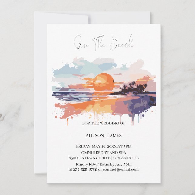 Convite Watercolor Beach No Beach Wedding (Frente)