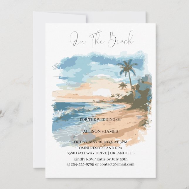 Convite Watercolor Beach No Beach Wedding (Frente)