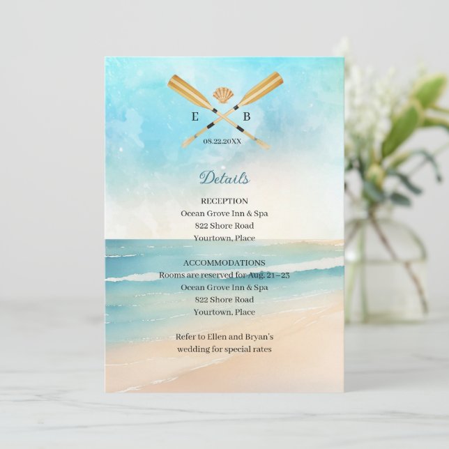 Convite Watercolor Beach Oars Casamento Inserir Recepção (Em pé/Frente)