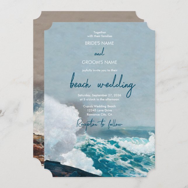 Convite Watercolor Beach Ocean Ong Casamento Monograma (Frente/Verso)