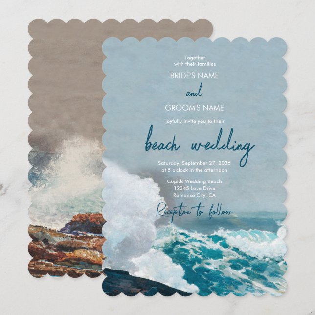 Convite Watercolor Beach Ocean Ong Casamento Monograma (Frente/Verso)