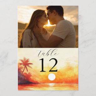 Convite Watercolor Beach Orange Sunset Photo Table Number