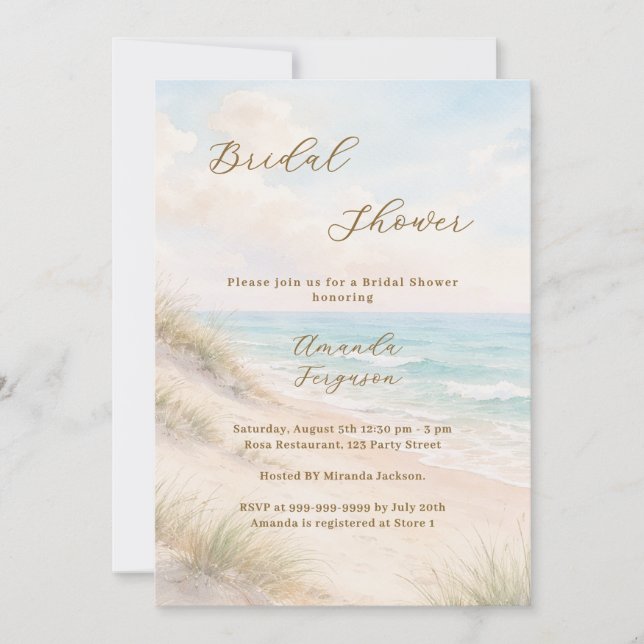Convite Watercolor beach sand dunes Bridal Shower (Frente)