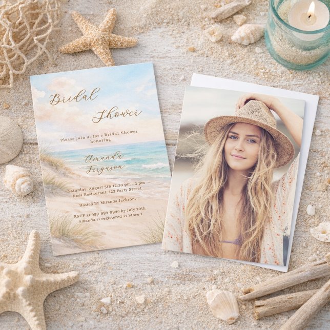 Convite Watercolor beach sand dunes photo Bridal Shower (Criador carregado)