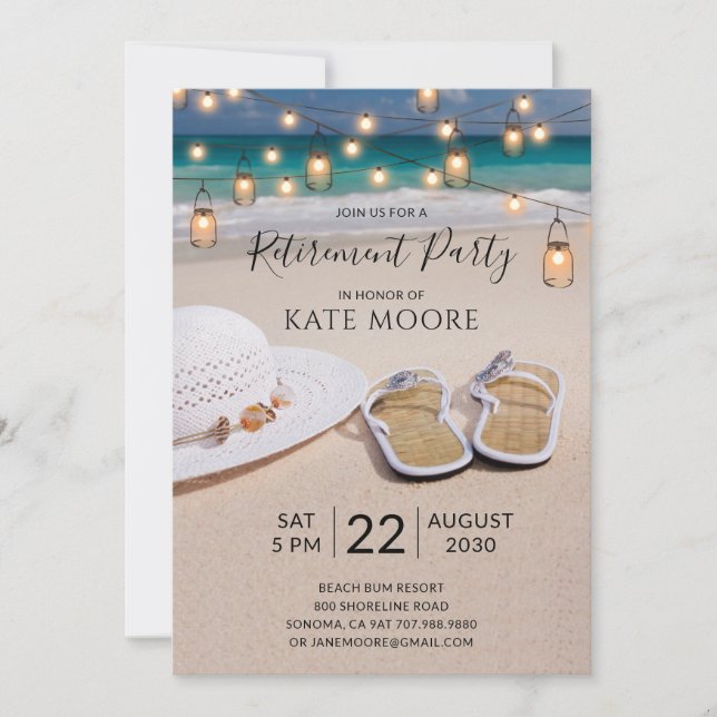 Convite Watercolor Beach String Lights Retirement Party (Frente)