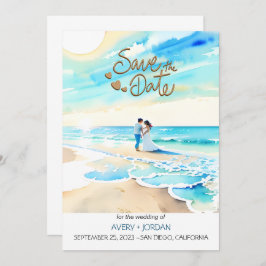 Convite Watercolor Beach: Summer Wedding Save the Date