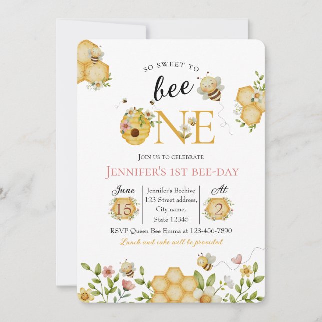Convite Watercolor Bee First Birthday Invitation (Frente)