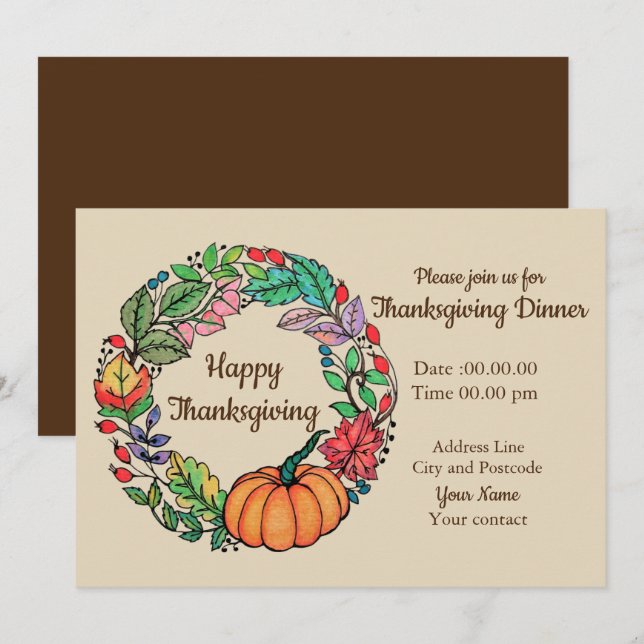 Convite Watercolor Belo Pumpkin Wreath com folhas (Frente/Verso)
