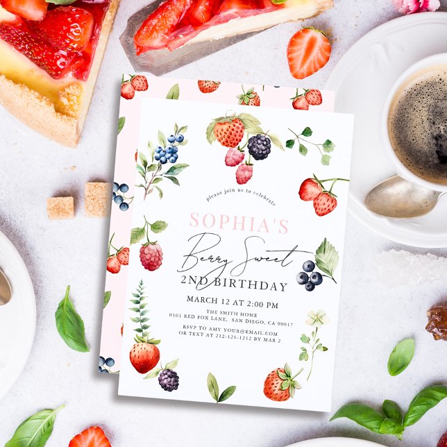 Convite Watercolor Berries Berry First Girl Birthday (Criador carregado)