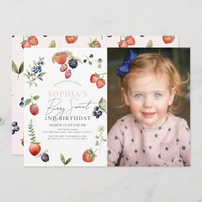 Convite Watercolor Berry First Girl Birthday Foto (Frente/Verso)