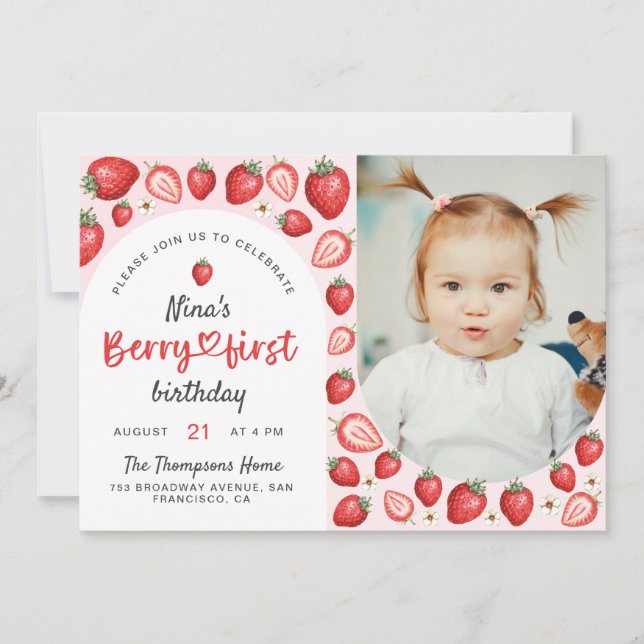 Convite Watercolor Berry First Sweet Birthday Foto (Frente)