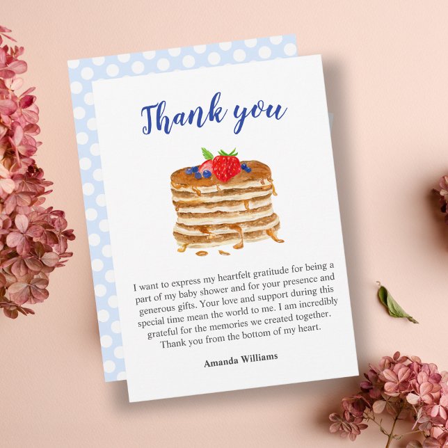 Convite Watercolor Berry Pancake Blue Gingham Obrigado (Sweet Brunch Thank You: Customizable Watercolor Pancake Artwork.)