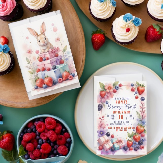 Convite Watercolor Berry Primeiro Aniversário com Bunny (Criador carregado)