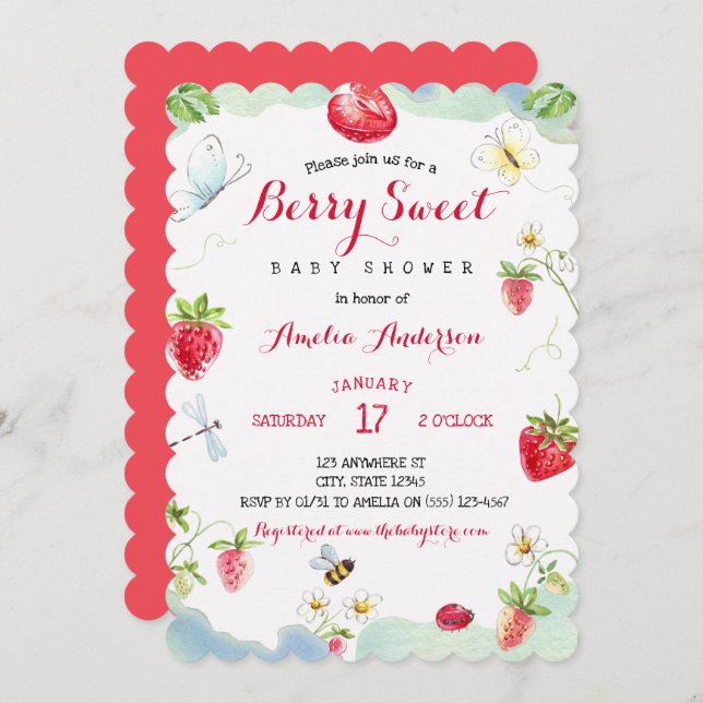Convite Watercolor Berry Sweet Strawberries Baby Shower (Frente/Verso)