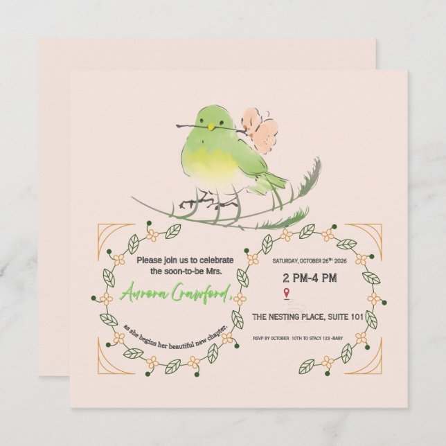 Convite Watercolor Bird and Laurel Leaf Bridal Shower Invi (Frente/Verso)