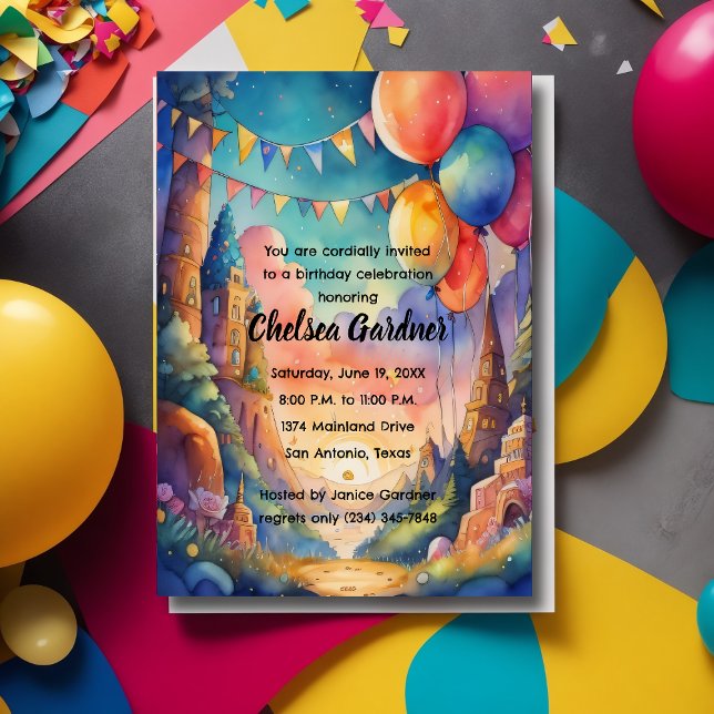 Convite Watercolor Birthday Balloons Fantasy Landscape (Criador carregado)