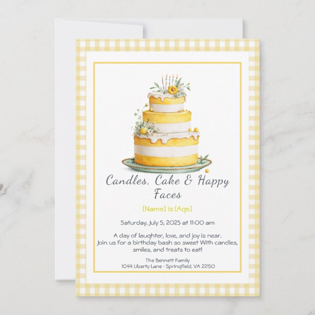 Convite Watercolor Birthday Cake Invance - amarelo (Frente)