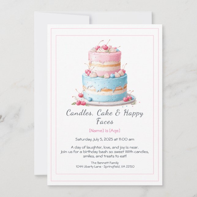 Convite Watercolor Birthday Cake Invance - azul-rosa (Frente)