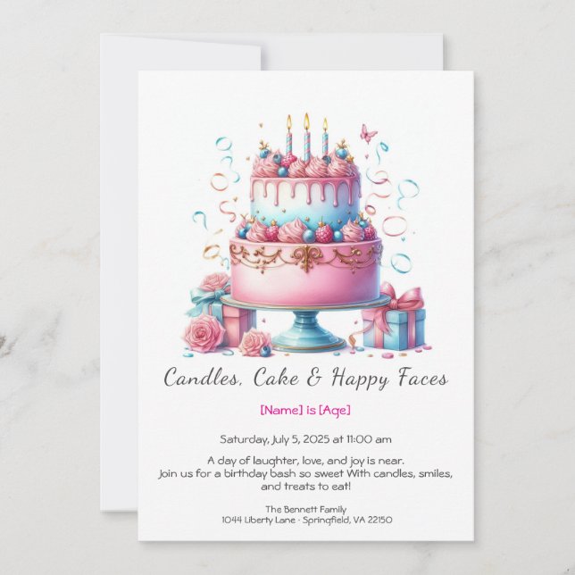 Convite Watercolor Birthday Cake Invance - azul-rosa (Frente)