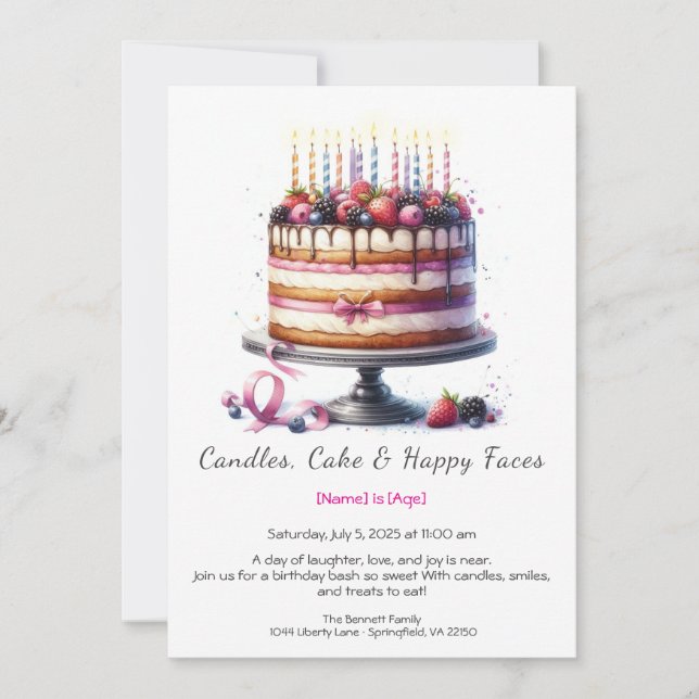 Convite Watercolor Birthday Cake Invance - azul-rosa (Frente)