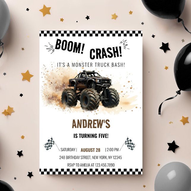 Convite Watercolor Black Boom Crash Monster Truck Bash (Criador carregado)