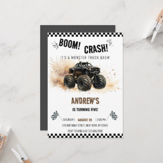 Convite Watercolor Black Boom Crash Monster Truck Bash