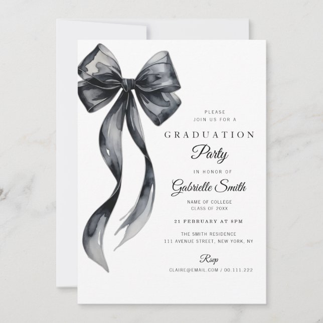 Convite Watercolor black bow modern graduation party (Frente)